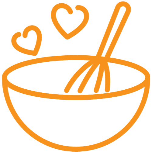 Cartoon icon of mixing bowl with two love hearts floating above it